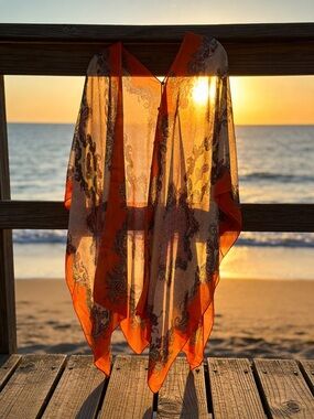 Sheer Paisley Orange Kimono Cover-Up